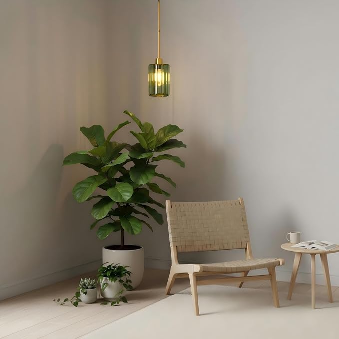 Modern Olive Green Fluted Glass Pendant Light 2 Pack - Thick Ribbed Glass with Warm Glow, Adjustable E26 Hanging Lamp for Kitchen Island & Dining Room