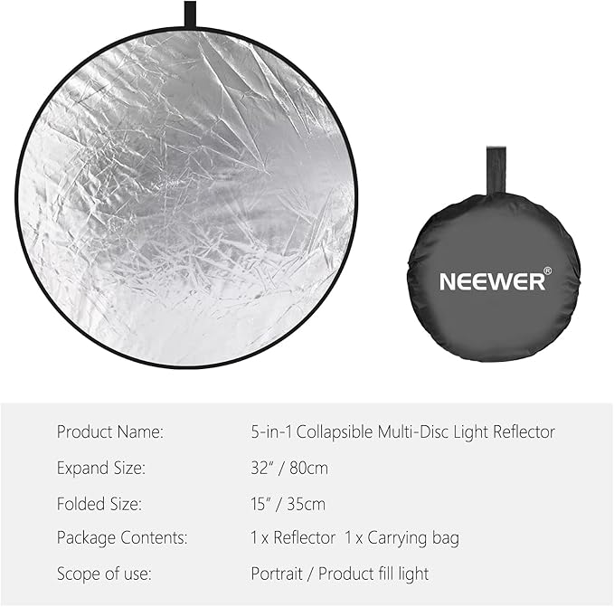 NEEWER 32 Inch/80 Centimeter Light Reflector Light Diffuser 5 in 1 Collapsible Multi Disc with Bag - Translucent, Silver, Gold, White, and Black for Studio Photography Lighting and Outdoor Lighting