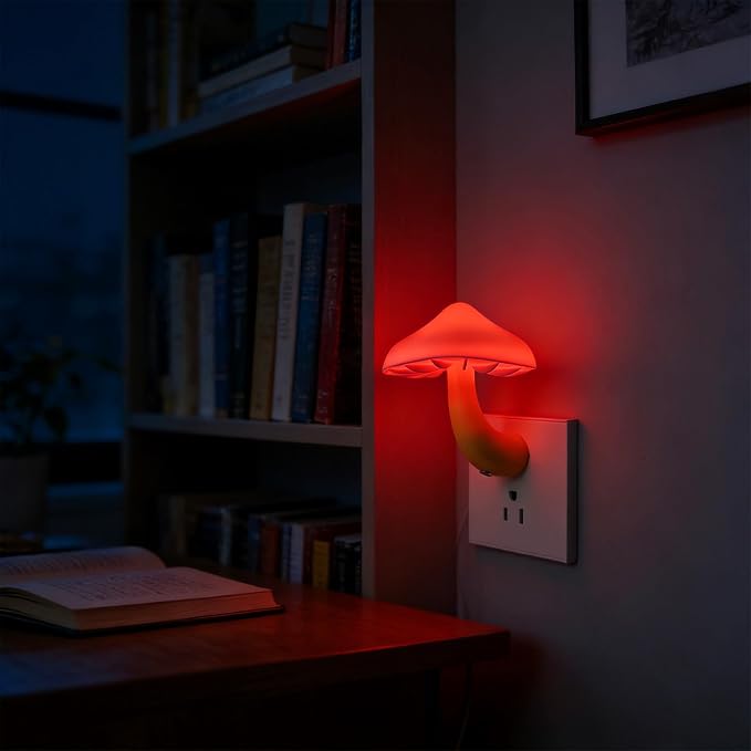 Red LED Mushroom Night Light Plug in Lamp, Light Sensor Night Lights Plug into Wall, Dusk to Dawn Sensor Night Light for Adults Kids Room Bedroom Bathroom Hallway Kitchen