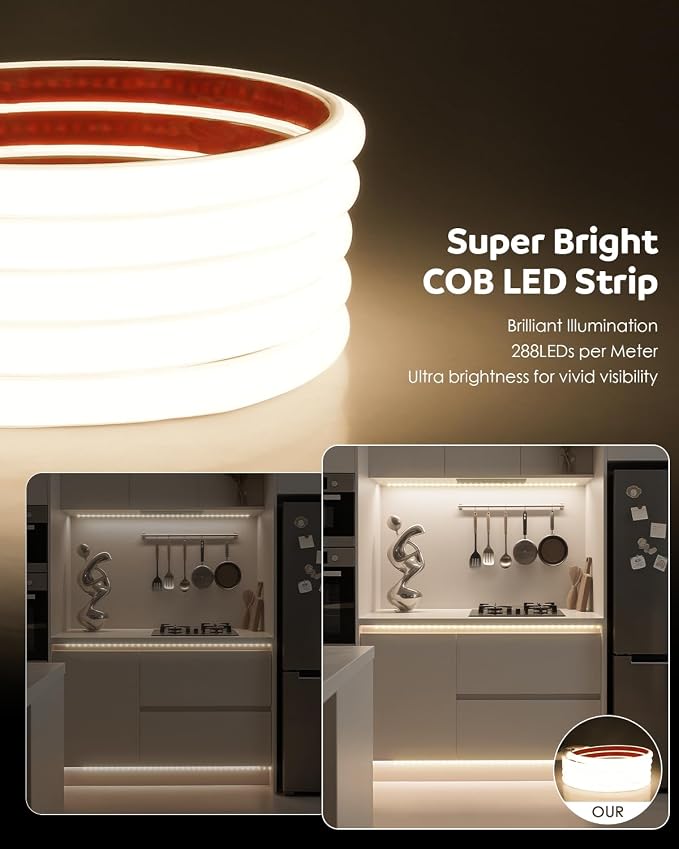 Aclorol AC 110V COB LED Strip Light 10FT/3M Neutral White Flexible LED Rope Lights Outdoor Waterproof with ON-Off Switch Control for Under Cabinets Bookshelf Living Room Shed Lighting 4000K 288LEDs/M