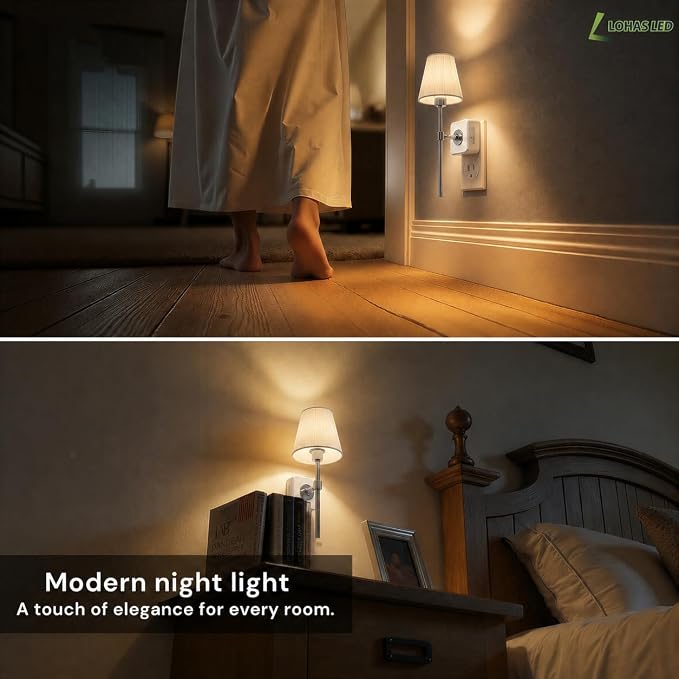 L LOHAS LED Night Lights Plug into Wall, Pleated Fabric Cover Night Light | Vintage Nightlight With Dusk to Dawn Sensor, 0-100LM Dimmable, for Bedroom Living Room Hallway