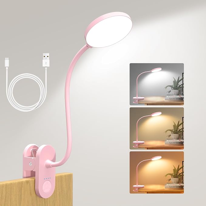 Rechargeable LED Desk Lamp with Clamp, Portable Clip on Light with 3 Color & 10 Brightness, Cordless Desk Light for Makeup Home Office Book Reading Crafting Sewing Drawing Knitting Puzzle (Pink/4.7'') | 10 Brightness Levels, Clamp Lamp with USB-C, 15.8...