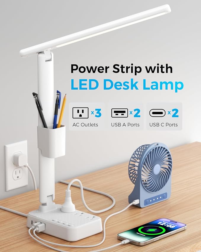 LED Desk Lamp with Power Strip, 3 AC Outlets, 4 USB Ports, Stepless Dimming | 2800K-6500K Color, 2 USB-C, Foldable Design, Timer & Memory, Study, Home Office & College Dorm, 10FT Cord