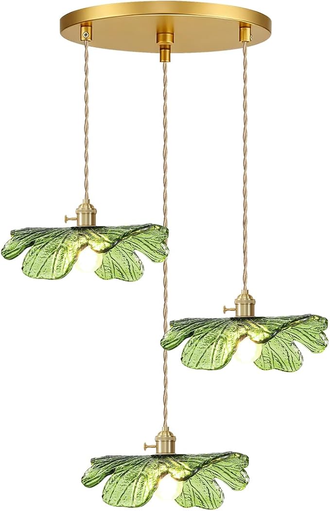 Vintage Cluster Pendant Light 3-Light Green Flush Mount Chandelier | Green Flower Glass Hanging Ceiling Light, Brass Gold E26, Adjustable 59" , Mid Century Modern, Dining Room Kitchen Farmhouse