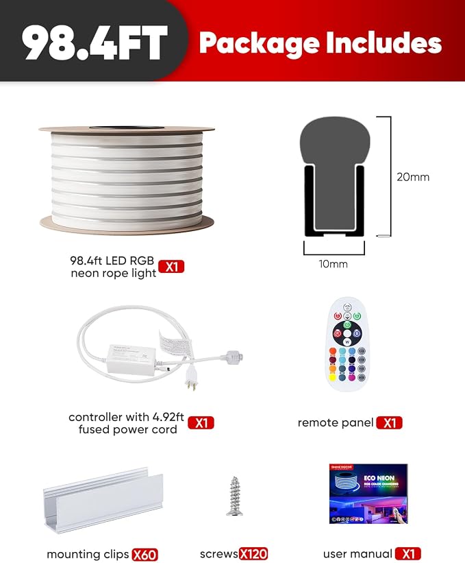 98.4FT LED RGB Neon Rope Lights, ETL-Listed AC 110-120V Neon LED Strip Lights SMD5050 80LEDs/m with Remote, Dimmable Multicolor Change Flexible Neon Rope Lighting Waterproof for In&Outdoor