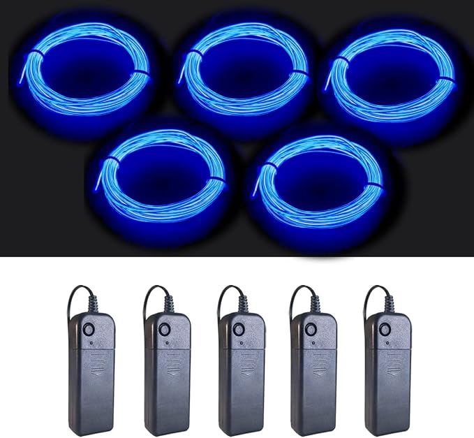 MaxLax EL Wire Blue 5-Pack, 9ft/2.75m Neon Light Wire with Noise Reduction and Battery Pack…