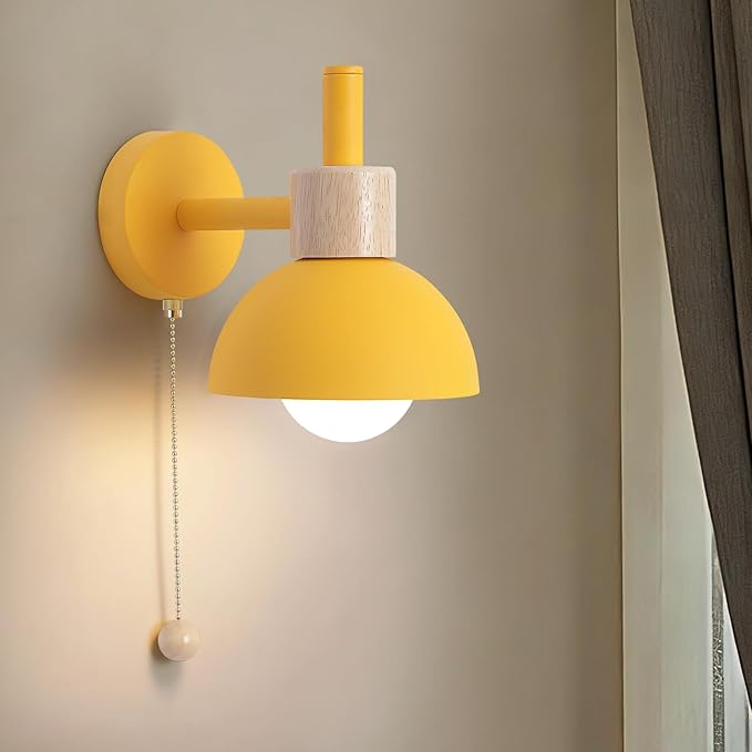 1-Light Nordic Bathroom Wall Sconce with Pull Chain Switch, Modern Vanity Wall Lamp, Bedside Wall Lights for Mirror Kitchen Living Room Hallway Cabinet Porch(Yellow)