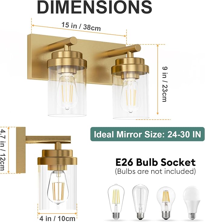 IZORRO Bathroom Vanity Light Fixture, 2-Light 15 Inch Gold Bathroom Light Fixtures Over Mirror, with Clear Glass Shade, Modern Farmhouse Vanity Lights, Rustic Restroom Lighting Fixtures