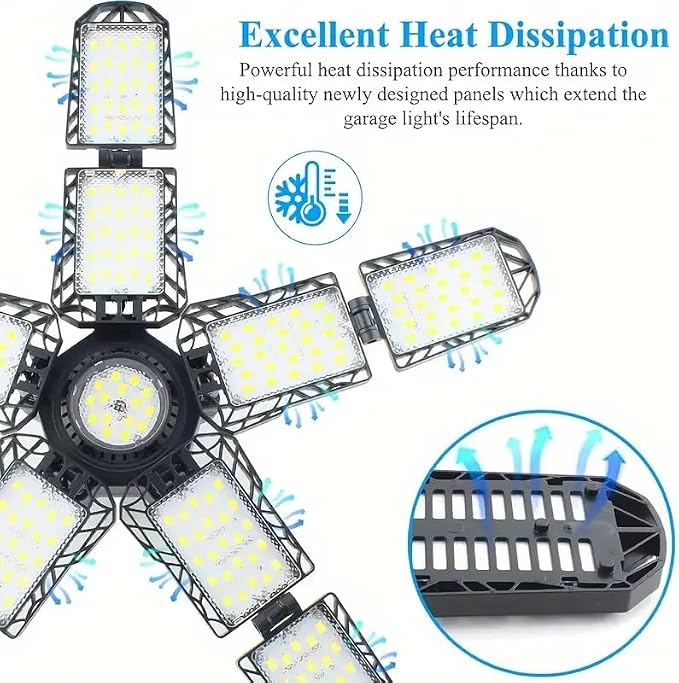 2 Packs LED Garage Light, Super Bright Screw in E26/E27 Ceiling Shop Work Lamp, 260W 26000 Lumen Deformable Basement Bulb Fixture with 10+1 Adjustable Panels, Lighting for Workshop, Attic