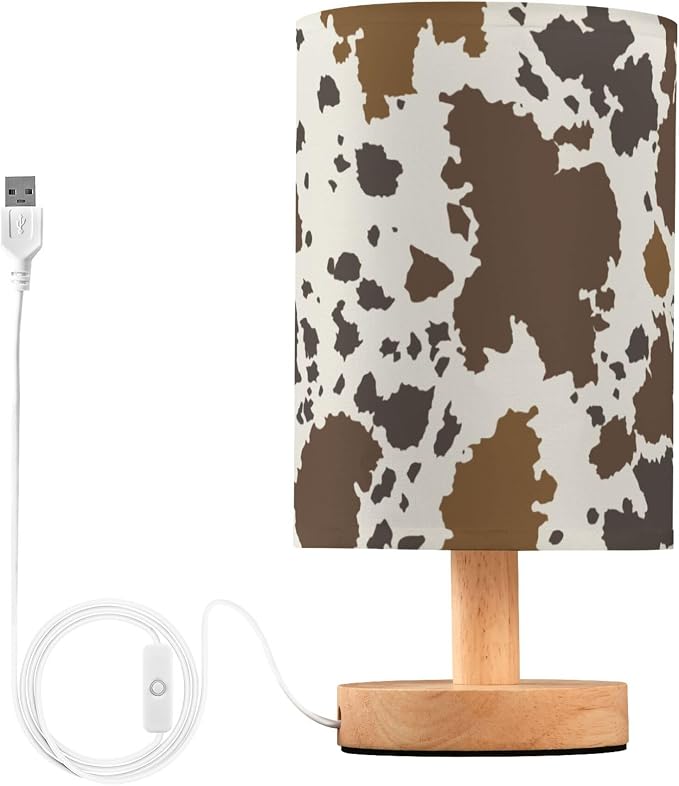 Table Lamp Cow Skin Brown Cowhide Pattern Nightstand Lamp with Wood Base Fabric Lamp Shade Bedside Desk Lamp for Living Room Bedroom Kids Room Office