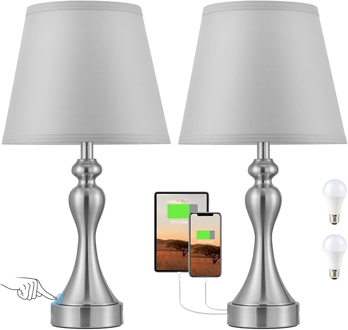 Touch Lamps for Nightstand, 3 Way Dimmable Bedside Lamps with USB C+A Ports | Touch Control, LED Bulb Included, Small Silver Table Lamp for Bedroom, Night Stands, End Table, Gift，Corded，Grey Shade