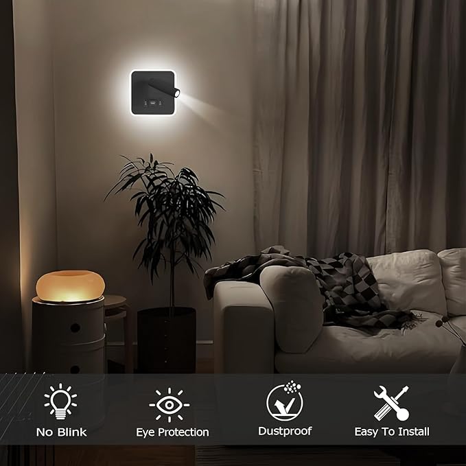 Kawell Indoor LED Wall Lamp with Switch Adjustable Bedside Wall Spotlight Modern LED Reading Wall Light with USB Charging Port for Bedroom Living Room Study Library, Black(Cold White)