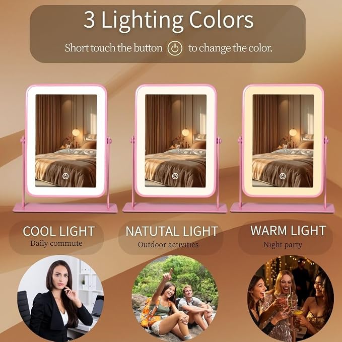 Pink LED Makeup Mirror with Lights – Rechargeable Wireless Vanity Mirror for Desk – Adjustable Brightness, 3 Color Lights Option – Ideal Gift for Women, Teens, Moms