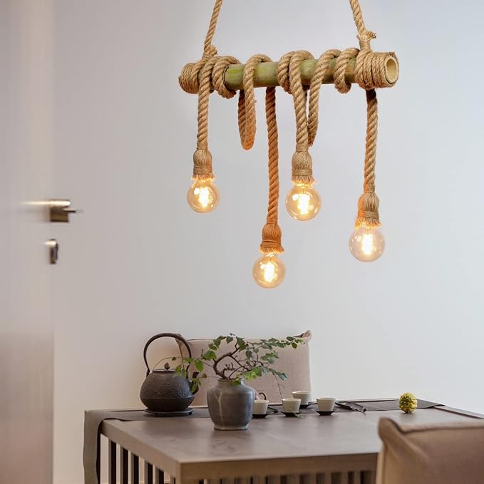 Arturesthome 4 Heads Hemp Rope Ceiling Pendant Light, Vintage Bamboo Chandeliers Decoration, Rustic Industrial Hanging Lamp for Bedroom Restaurant Cafe Bar