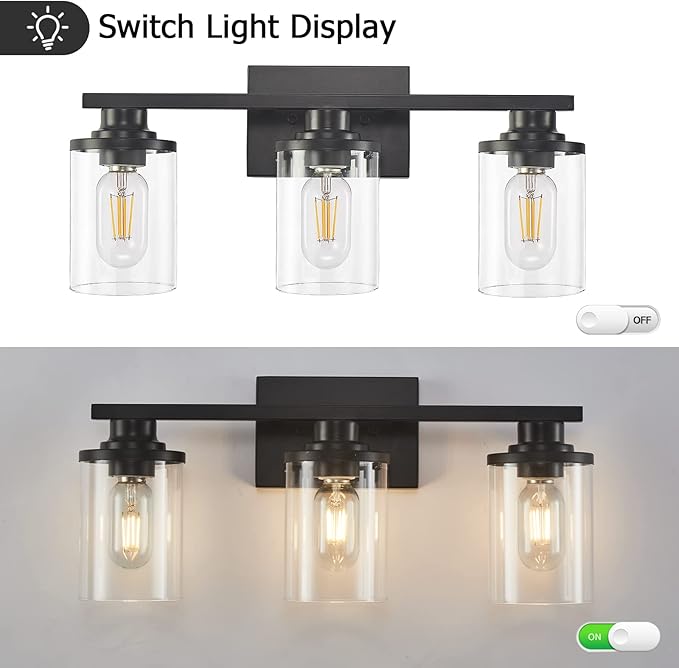 stambord 3 Light Black Bathroom Vanity Light Fixtures with Clear Glass Shade, Modern Wall Sconces Lighting for Bathroom Over Mirror