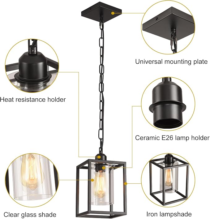 Farmhouse Pendant Light,Black Metal Frame Hanging Light Fixture with Clear Glass Shade Chandelier, Adjustable Chains Industrial Mini Pendant Lighting for Kitchen Island Entryway Porch