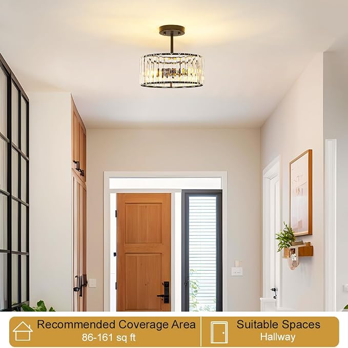 Lxybcce Modern Crystal Ceiling Light, Matte Black Semi Flush Mount Ceiling Lighting Fixture, Hallway Light Fixtures Chandelier for Kitchen, Bedroom Dining Room Hallway Closet, 3-Light, 12 Inch