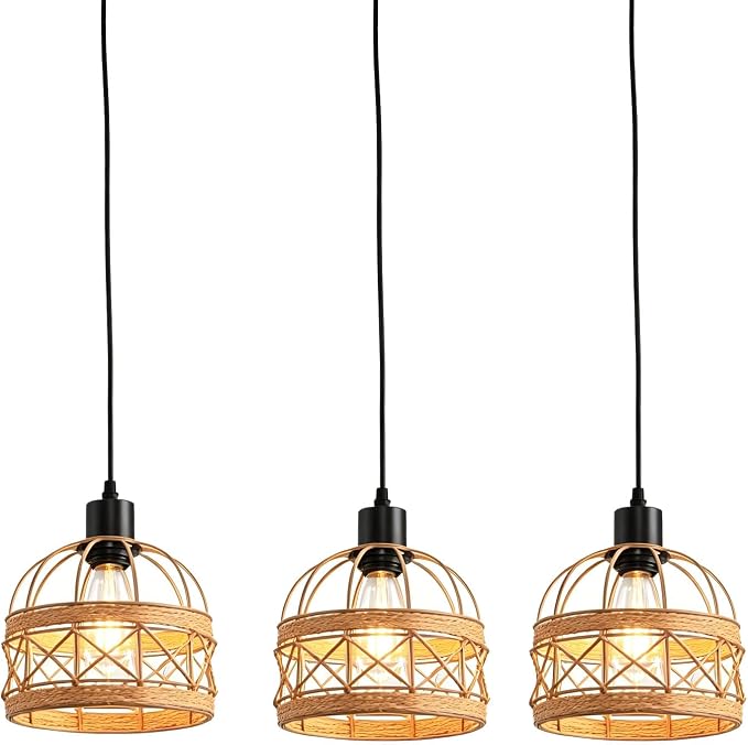 Woven Pendant Light Boho Chandelier, Rattan Pendant Lights Kitchen Island, Farmhouse Pendant Lighting with Hand Woven Wicker Shade, Boho Chandelier Light Fixtures Ceiling Hanging Light