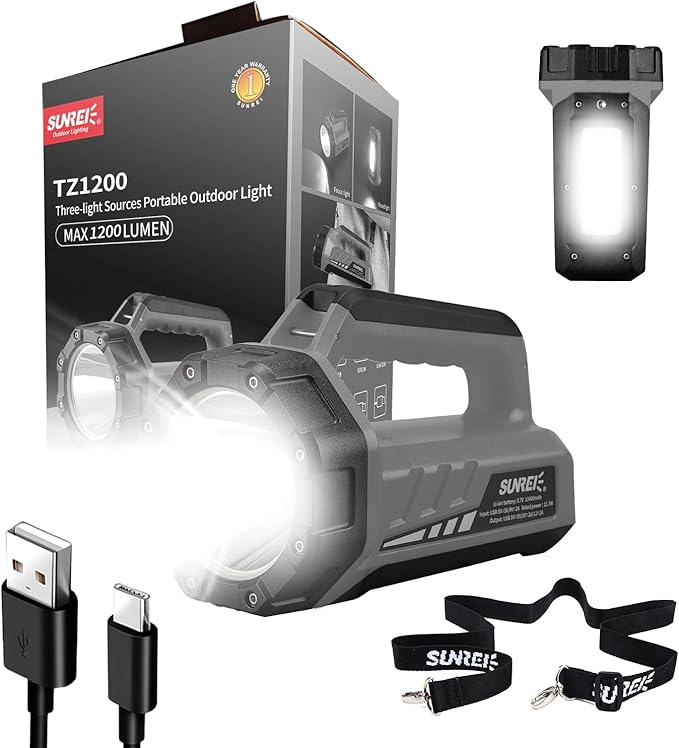 SUNREI 1500LM Rechargeable Box Flashlight, 10400mAh Emergency Lantern | IP67 Waterproof Portable Light with 8 Modes for Home Power Outages, Hurricane Emergencies, Outdoor Hiking & Camping