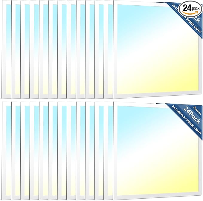 Amico 24 Pack 2x2 LED Flat Panel Light 5000LM Adjustable, 0-10V Dimmable Troffer LED Drop Ceiling Light Fixtures, 4000K/5000K/6500K Selectable for Office - Dustproof ETL Listed, FCC, DLC