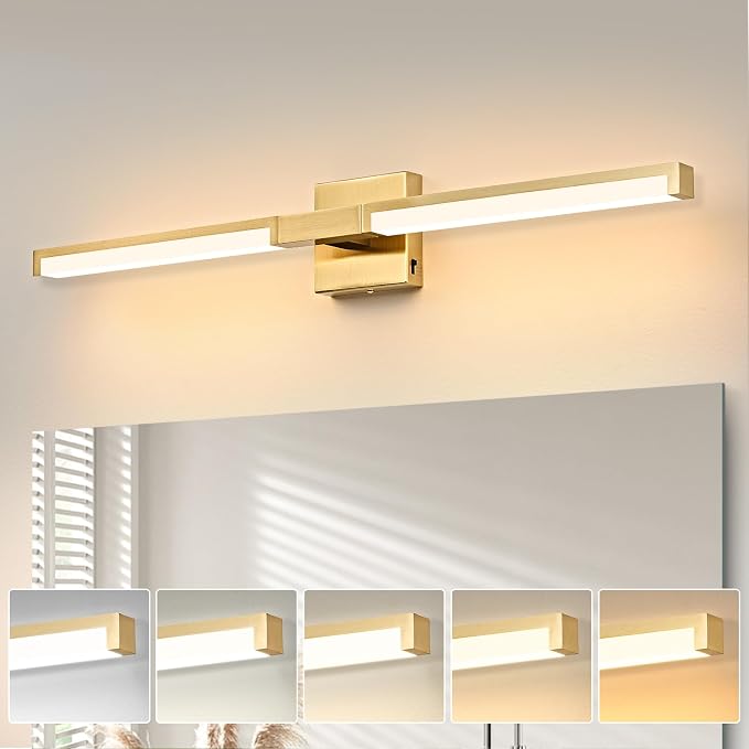 32 Inch Bathroom Vanity Light Fixtures, Gold Modern Light Fixtures Over Mirror, 16W 5CCT Dimmable Wall Light