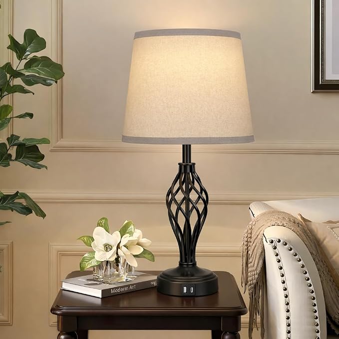 Ruiever Touch Table Lamps Set of 2, nightstand lamp with USB Ports Bedside 3 Way Touch dimmer Desk lamp for Living Room Bedroom,Black Painted Spiral cage Base Design Warm White dimmer Bulbs Included.