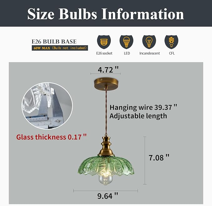 1-Light Pendant Light with Brass Gold Metal Green Glass Shade and Adjustable Cord Industrial Ceiling Hanging Light for Kitchen Island Bar Dining Room Bedroom Foyer Hallway Farmhouse