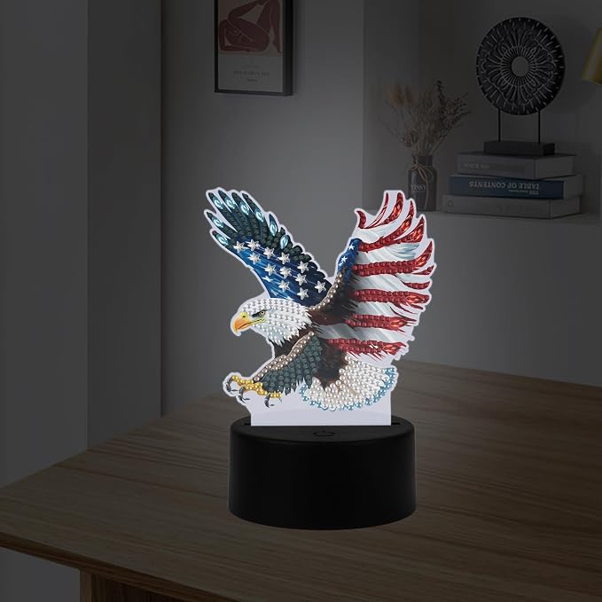 JISHSHAY Diamond Painting Night Light Diamond Art Table Lamps Gem Art LED Lights Gem Painting Desk Lamp Mosaic Kits for Adults DIY Kits for Adults with Special Shaped American Flag Eagle