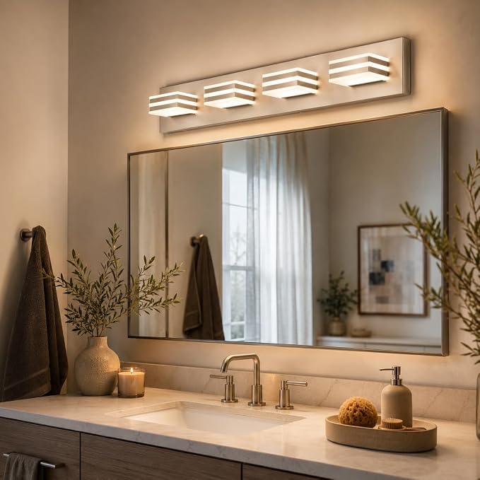 4-Light Brushed Nickel Bathroom Vanity Light, 27 Inch 32W 5CCT Dimmable LED Wall Fixture, Hardwired Over Mirror Lighting with Clear Acrylic Shade for Bathroom Remodel