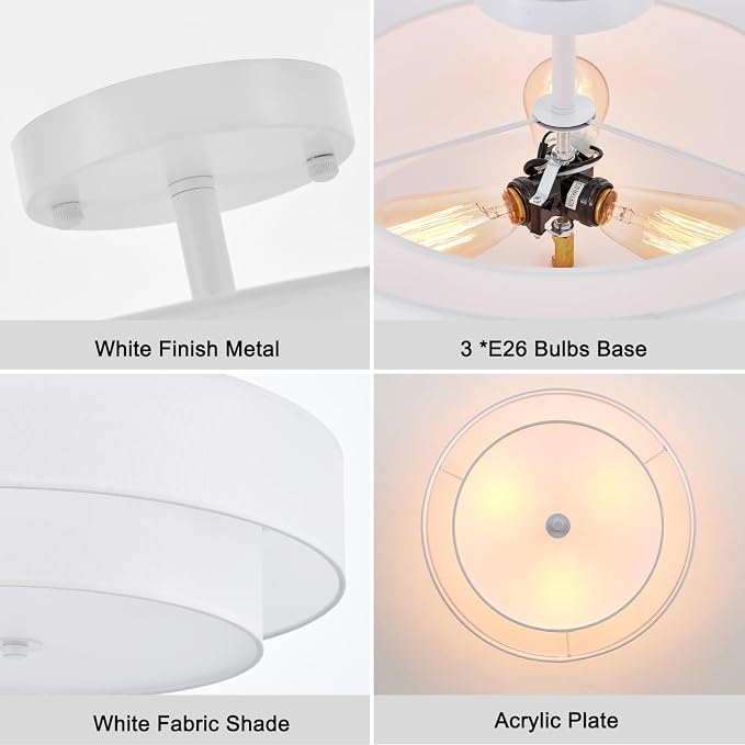 18" White Semi Flush Mount Ceiling Light, Linen 3-Light Fixture | White Linen Double Drum Shade, Modern Style For Bedroom,Hallway, Kitchen And Laundry; Close-To-Ceiling, E26, Easy Install