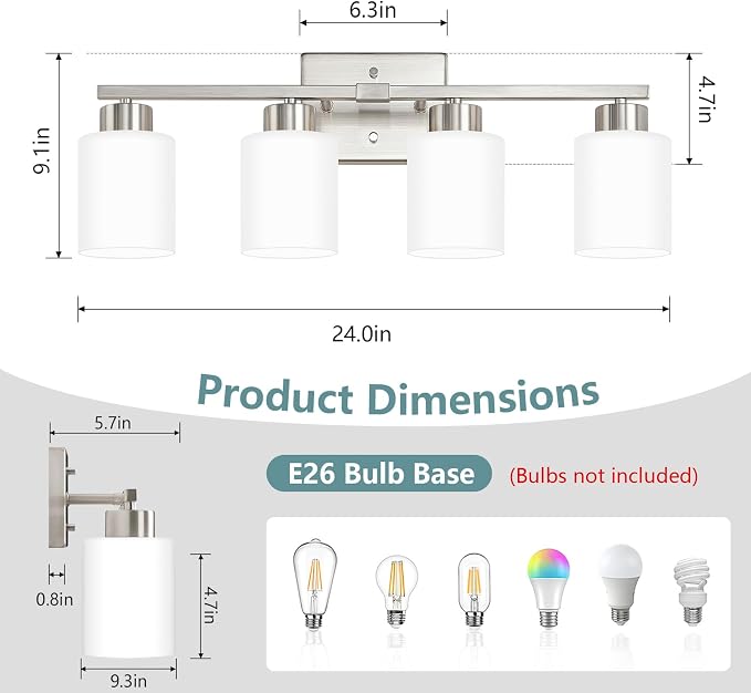 Brushed Nickel Bathroom Light Fixtures Vanity Lighting Over Mirror | 4-Light Modern Wall Sconces with Milky White Frosted Glass Shades for Restroom (E26 Socket)