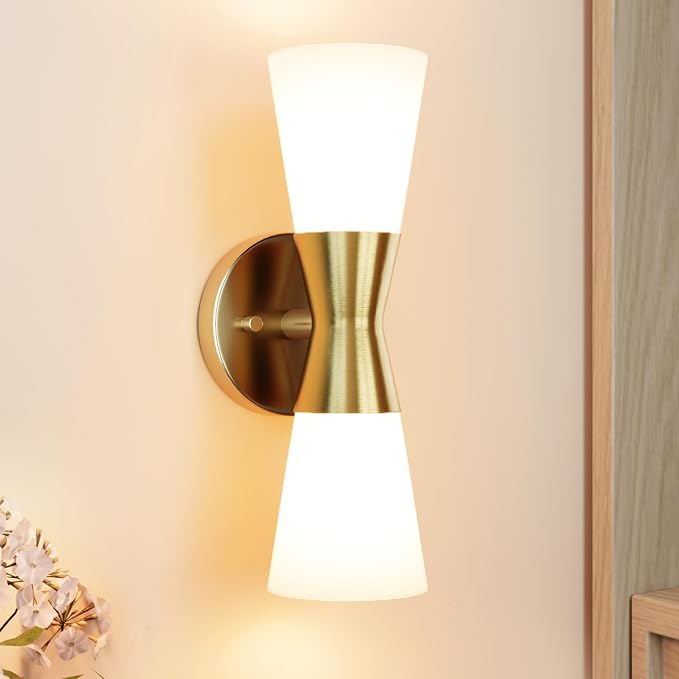 Bathroom Wall Sconce, Modern Indoor Vanity Light Fixtures, Up Down Lighting, Wall Mount Lamp for Living Room Bedroom Hallway Stairway Fireplace Mirror E26 Base (White & Gold - 1pack, 13inch)