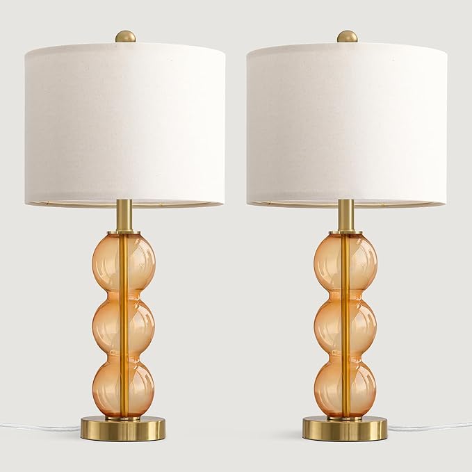 25" Amber Glass Table Lamps for Living Room, Glass Modern Table Lamp Set of 2, USB Charging Ports, Linen Shade, Bedside Lamps for Bedroom, Nightstand, Side Table (Bulbs not Included)