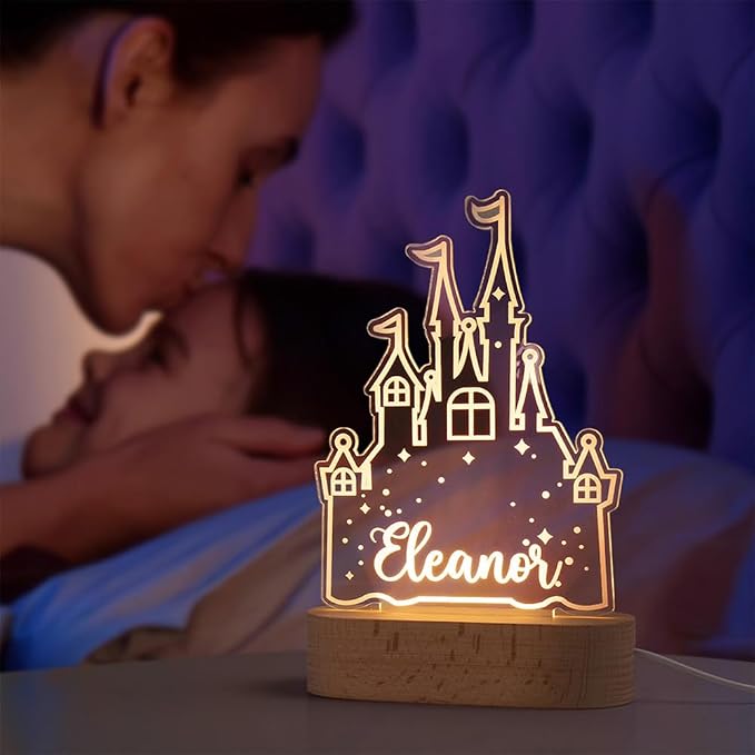 Custom Cartoon Castle Night Light for Kids, Personalized Name Led Light with Wooden Base Nursery Decor