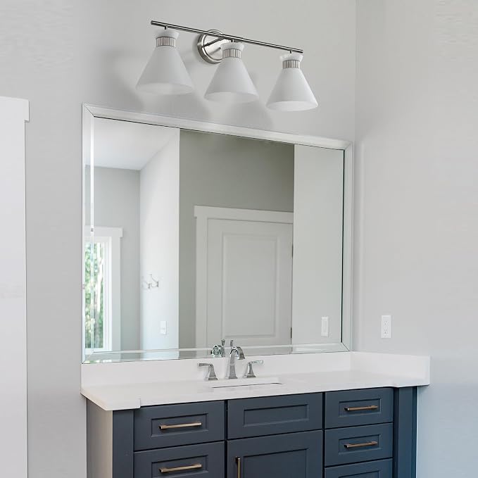 WOSHITU Nickel Bathroom Vanity Light Fixtures: Vanity Lighting Fixtures Over Mirror 23.4 inch with Milky White Frosted Glass, 3-Lights Vanity Light Above Mirror Bathroom Wall Light(Exclude Bulb)