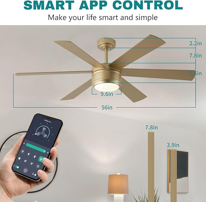 SHOWDI Ceiling Fan with Lights and Remote, 6 Blade App Control Timer Reversible Stepless Brightness and Color Temperature Outdoor Wood Ceiling Fan with Lights (Gold, 56 Inch)