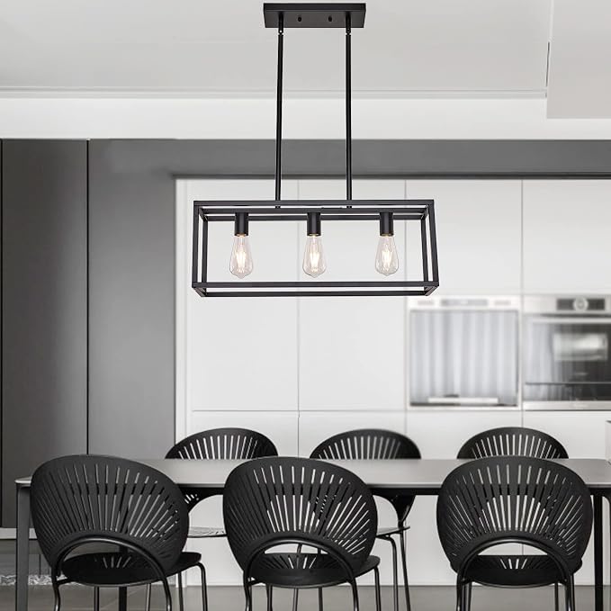 Farmhouse Rectangle Chandeliers for Dining Rooms, Modern Linear Hanging Light Fixture Matte Black 3-Light Industrial Pendant Lighting for Kitchen Island
