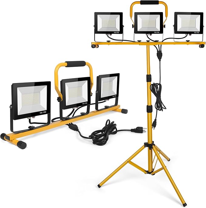 LED Work Lights with Stand, 21000 Lumen, 2-Head Adjustable Work Light, Waterproof Foldable Tripod, 6,500 Kelvin, Extended Cord for Outdoor & Indoor Job Sites, Workshops, Construction, Garage Lighting