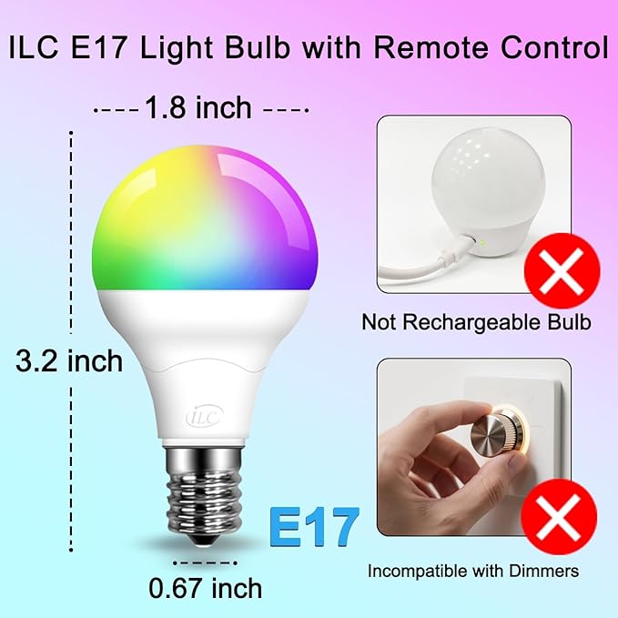 ILC E17 Intermediate Base LED Light Bulbs (40w Equivalent) 5W, Color Changing RGB, 2700K Warm White, 12 Colors 2 Modes Timing with Remote Control (4 Pack)