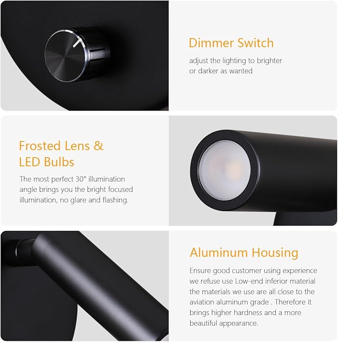 Surface Wall Mounted Reading Light Sconces Lamp Physical Knob Dimmer Switch LED 5W Warm White 3000K (Black Plug Cord)