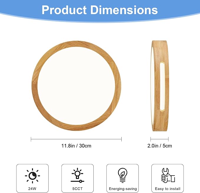 Pevfah Modern Wood Flush Mount Ceiling Light, Round Dimmable Close to Ceiling Lighting Fixtures, Minimalist LED Ceiling Lamp for Bedroom, Kitchen, Hallway, Laundry Room, 2700K-6000K 5CCT, 11.81in