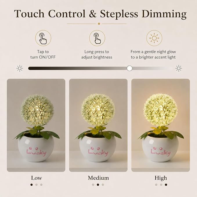 Dandelion LED Night Light,Rechargable Flower Bonsai Desk Lamp with Ceramic Base,Stepless Dimmable & Touch Control Accent Light,Aesthetic Room Decor for Bedroom,Dorm,Gifts for Girls Women (White)