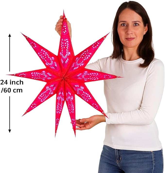 Lantern Lampshade 9 Pointed Paper Star Light Shades Large 60cm Star Hanging Decorations for Christmas Wedding Home Decoration Birthday Party (Glitter Red Pink)