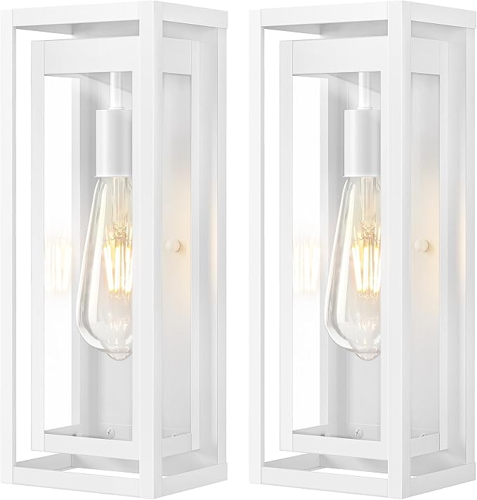 15" Outdoor Wall Lights, White Exterior Lighting Fixtures, 2 Pack | Large Size, Anti-Rust, Waterproof, Tempered Glass, Easy Installation, Modern & Classic Outdoor Sconces for House Porch Garage