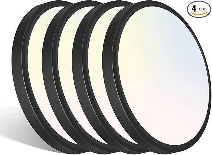 libtit 12 inch Flush Mount LED Ceiling Light Fixture, 3000K 4000K 6500K Adjustable, 28W 3200lm Black Round Lighting Fixtures for Bathroom Shower Hallway Kitchen, 4 Pack