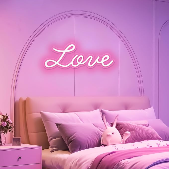 Love Neon Sign, LED Love Light up Sign Wall Decor for Girl Bedroom Christmas Valentine's Day Wife Women Birthday Gift Living Room Home Decor, 16"x 6" USB Powered 10 Pink Brightness Light up