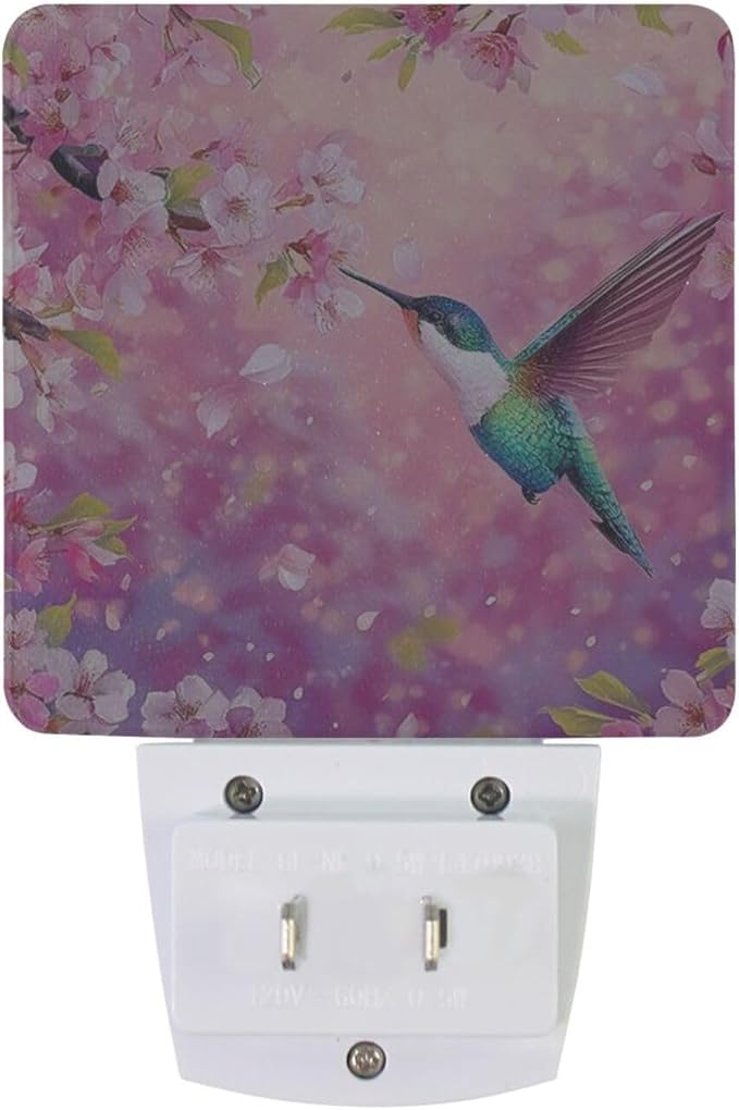 Hummingbird Pink Cherry Night Light Dusk to Dawn Sensor LED Night Dimmable Nightlight Lights Plug into Wall for Living Room