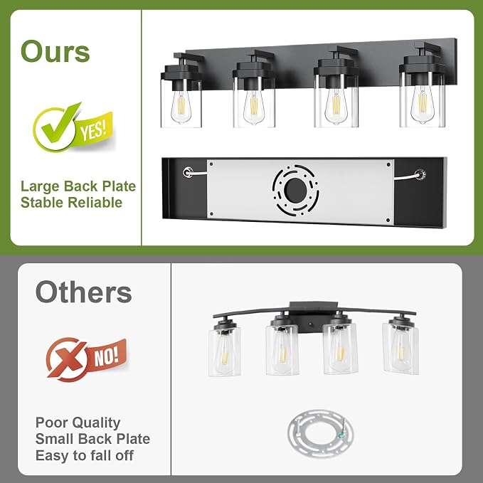 Black Bathroom Light Fixtures, 4 Lights Bathroom Lighting Fixtures Over Mirror, Square Design & Rectangle Large Backplate, Modern Vanity Lighting Fixtures, for Bathroom/Living Room/Bedroom