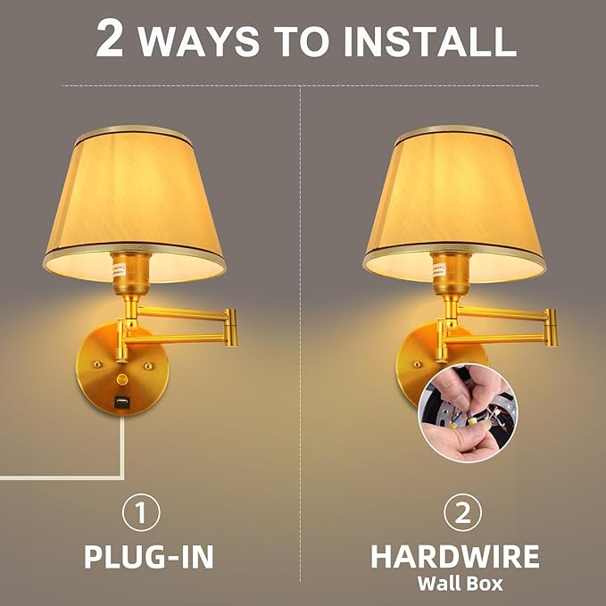 Plug-in Wall Sconce Swing Arm 1-Light Wall Mount Lamp with USB Charging Port Wall Sconce Lighting with Dimmable On Off Switch Gold Fabric Shade Brass Wall Lamp Light Fixture