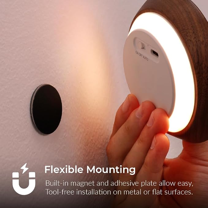 Wood Flower Night Light, Rechargeable Motion Sensor Light | 3D Flower Surface, USB-C Rechargeable, Backlit Warm Light, Magnetic Light for Stair, Home Decor Lighting, Black Walnut